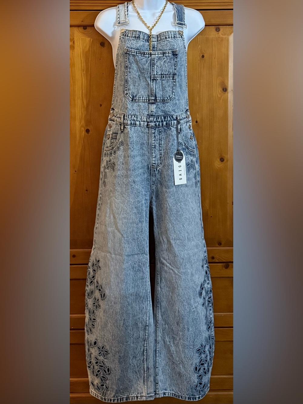 Womens Embroidered Denim Barrel Overalls NWT